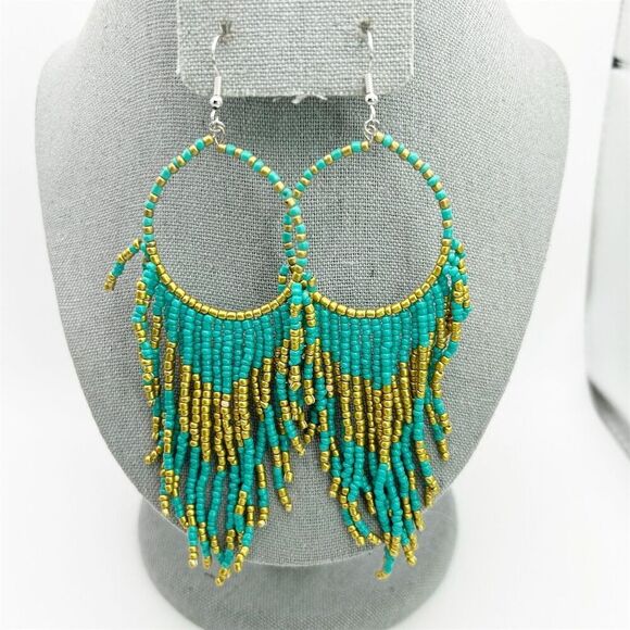 Bohemian Seed Beaded Turquoise Blue & Gold Yellow Tassel Fringe Dangle Earrings - Picture 1 of 5